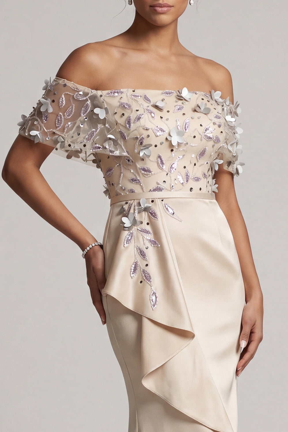 Apricot Ruffled Floral Beaded Mermaid Long Evening Dress