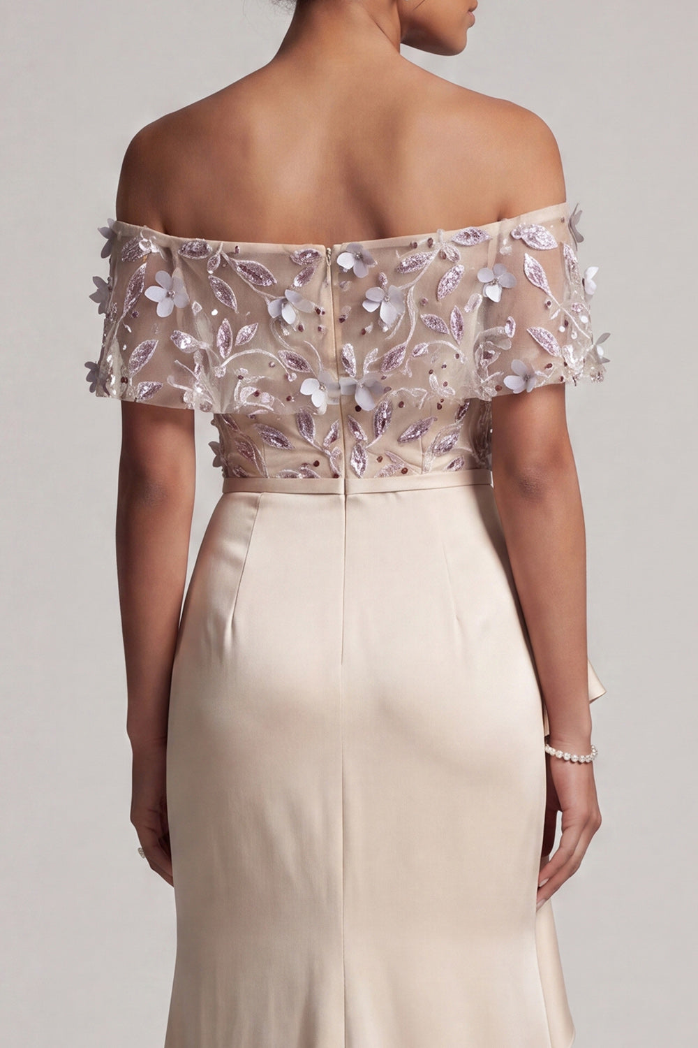 Apricot Ruffled Floral Beaded Mermaid Long Evening Dress