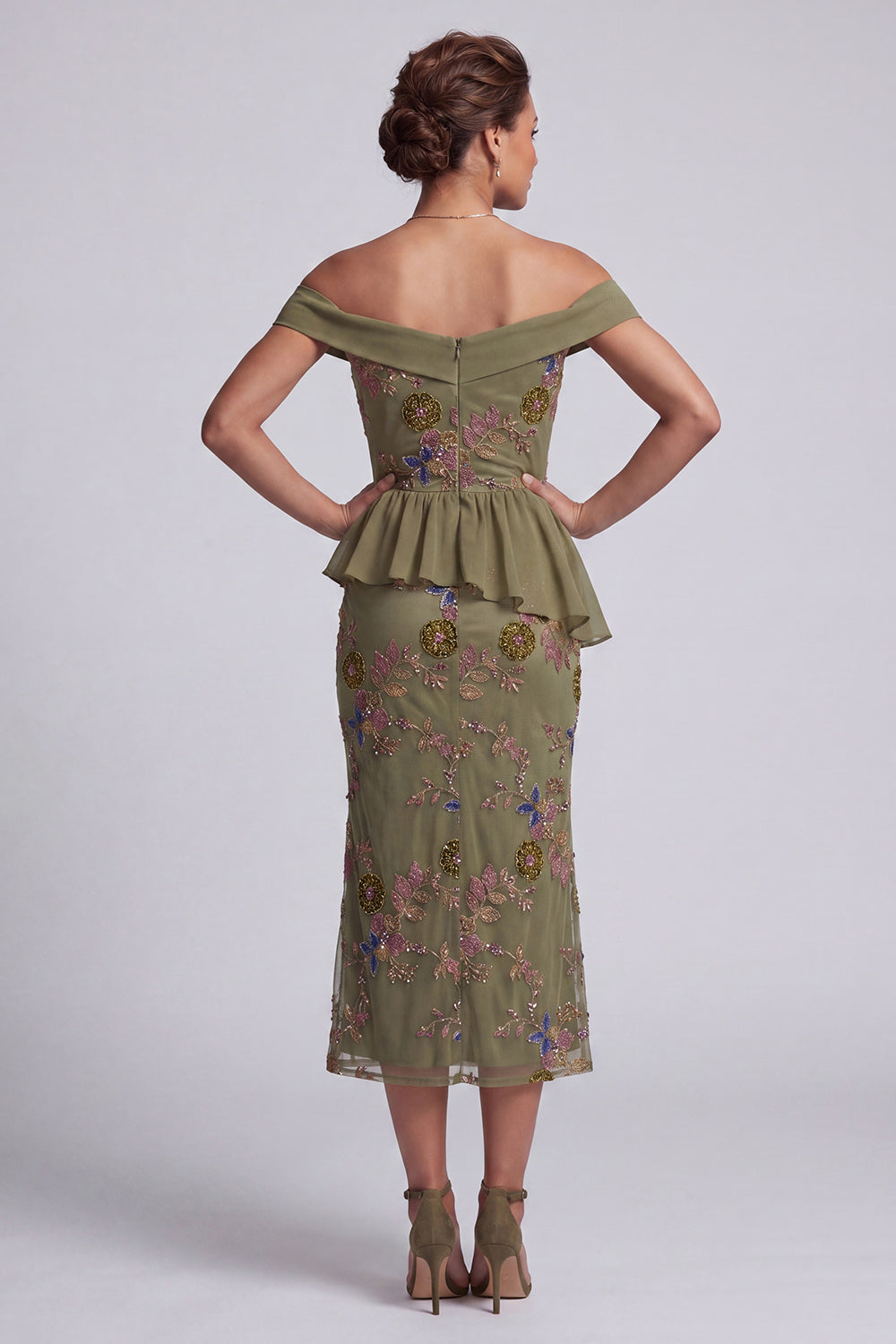 Mermaid Olive Floral Beaded Long Evening Dress with Ruffles