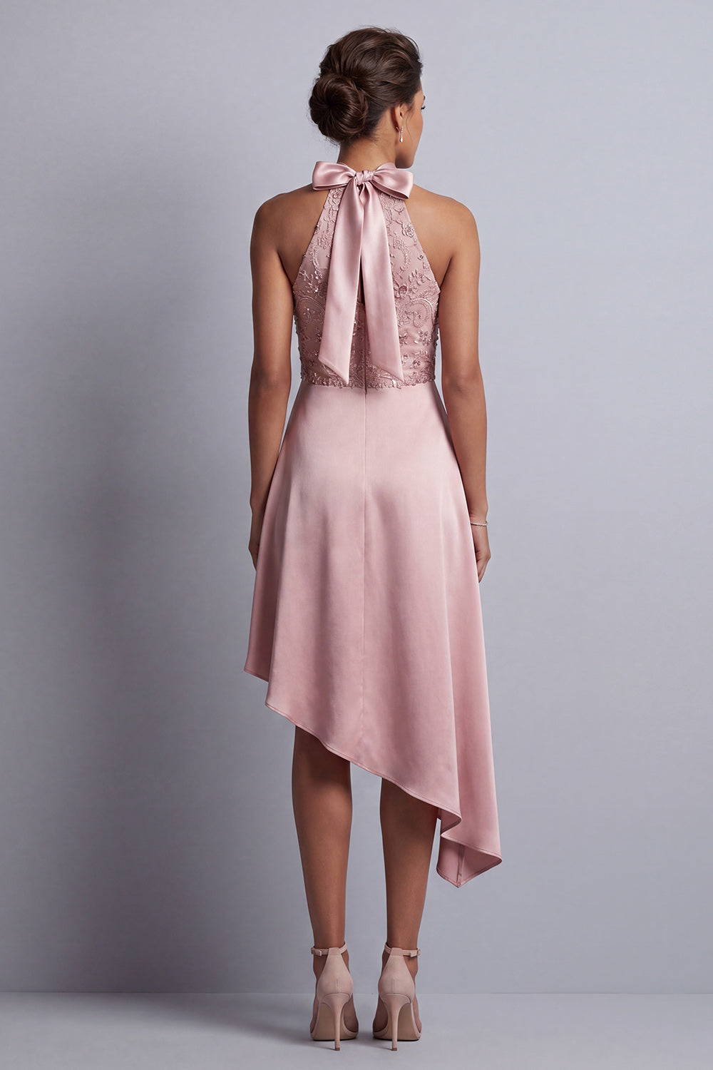 Sparkly Blush Halter A Line Beaded Asymmetrical Evening Dress