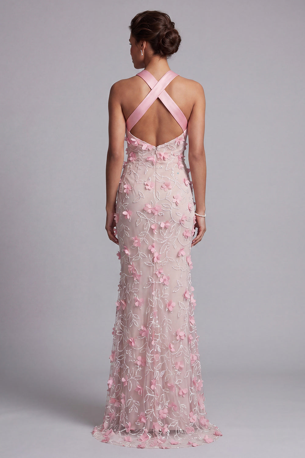 Pink Mermaid Halter Beaded Maxi Evening Dress with 3D Flowers