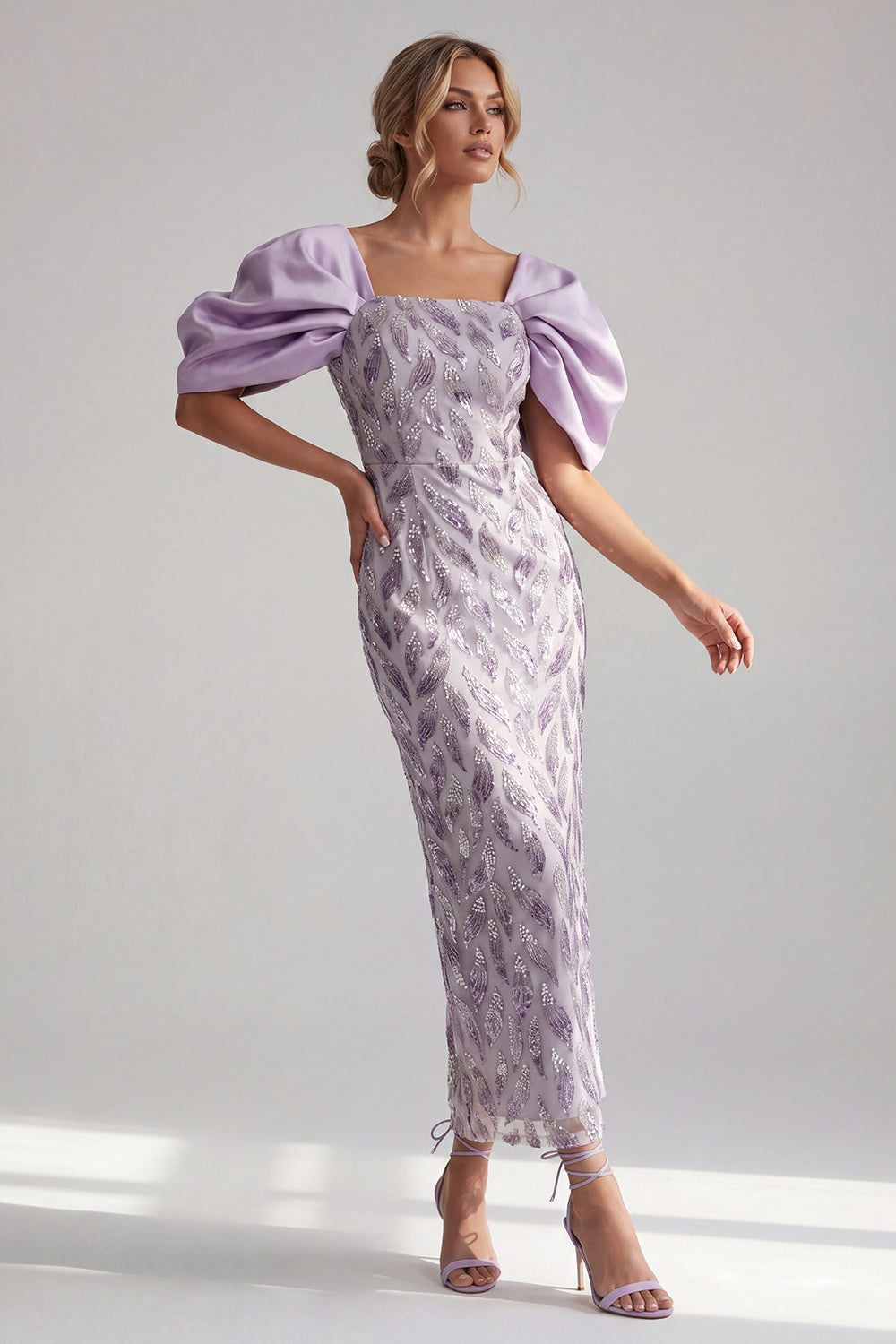 Sparkly Lilac Beaded Sheath Puff Sleeves Long Evening Dress