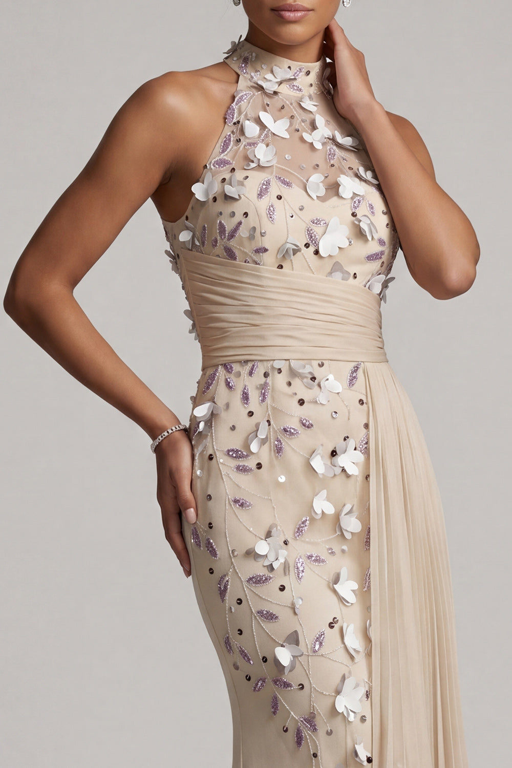Mermaid Beaded Apricot Floral Maxi Evening Dress with Side Cape
