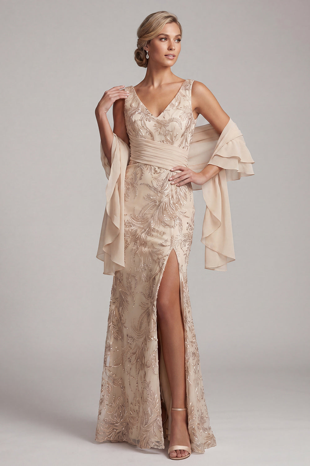 Sparkly Champagne V-Neck Mermaid Beaded Long Evening Dress with Shawl