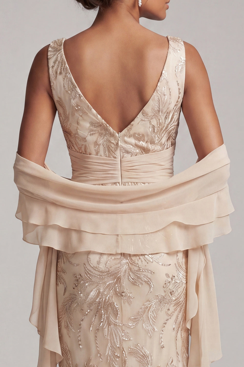 Sparkly Champagne V-Neck Mermaid Beaded Long Evening Dress with Shawl