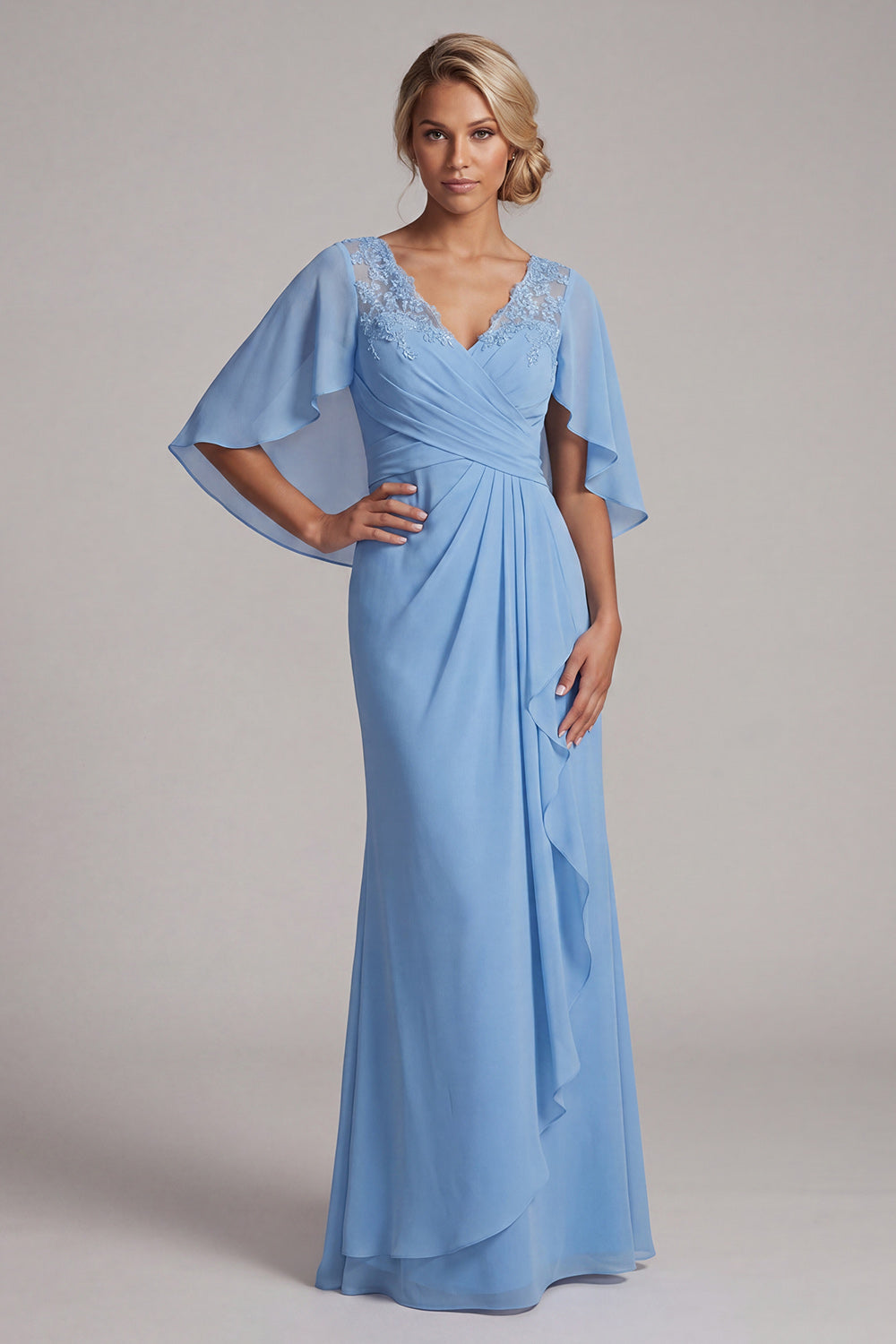 Sky Blue V-Neck Ruched Mermaid Long Evening Dress with Ruffles
