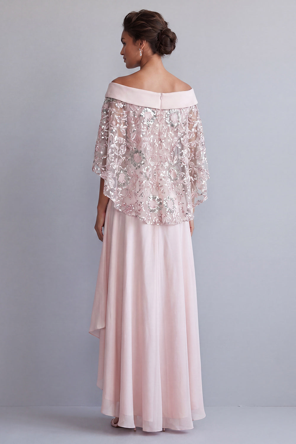Sparkly Light Pink A Line High Low Beaded Evening Dress with Cape