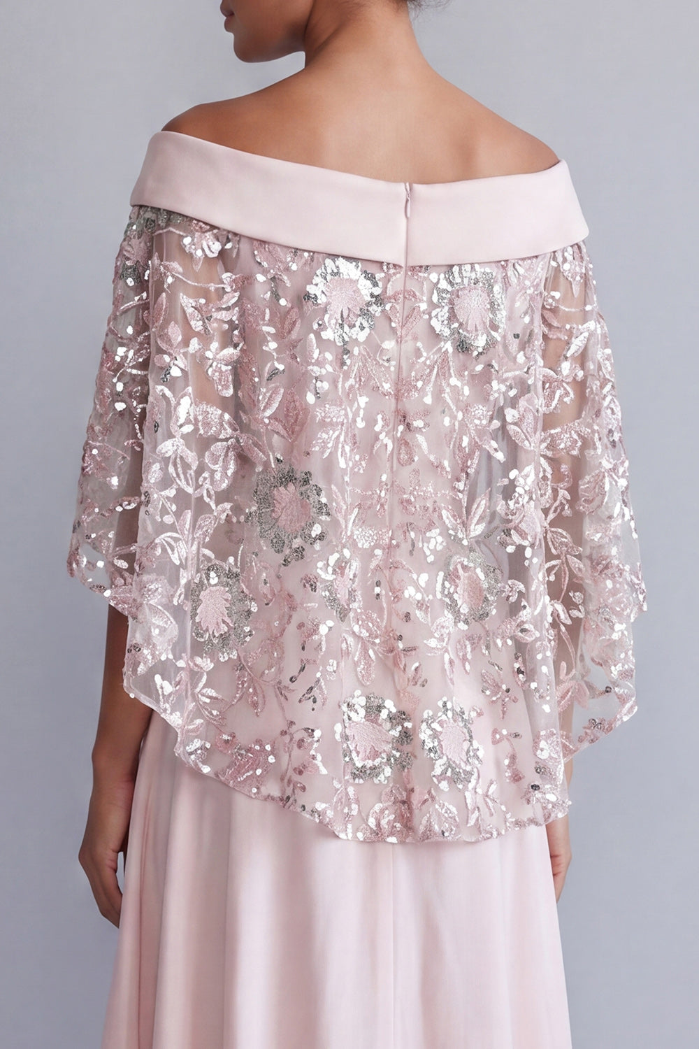 Sparkly Light Pink A Line High Low Beaded Evening Dress with Cape