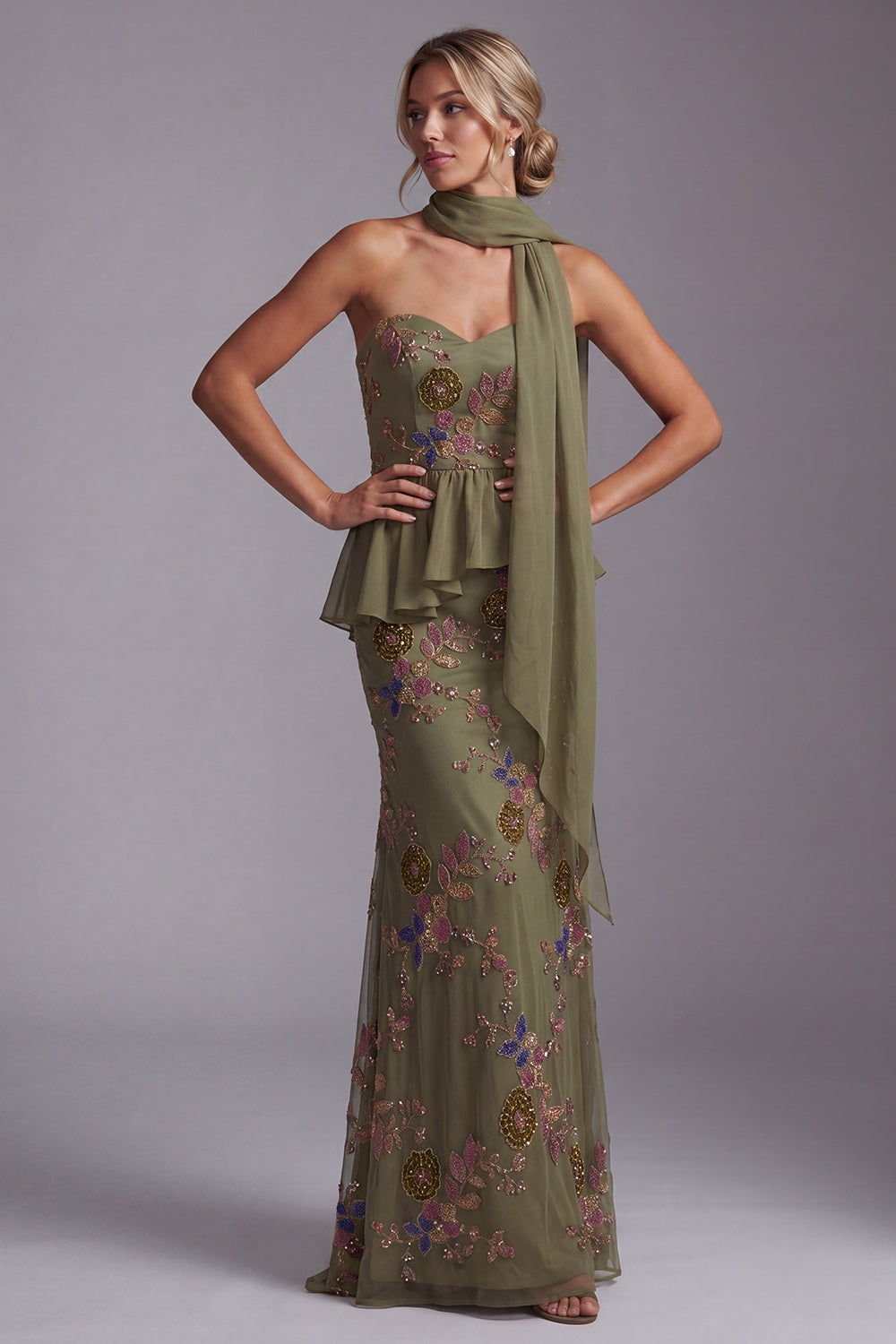 Olive Sweetheart Floral Mermaid Beaded Long Evening Dress with Ruffles