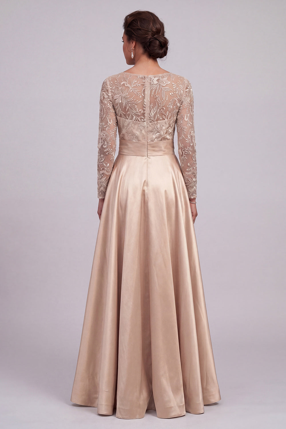 Floral Beaded A Sparkly Champagne Line Long Evening Dress with Slit
