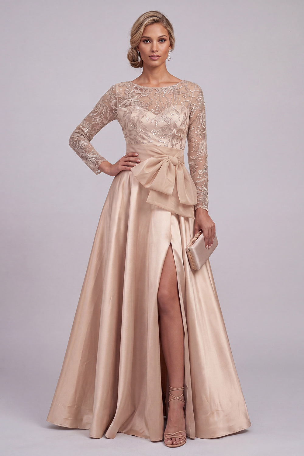 Floral Beaded A Sparkly Champagne Line Long Evening Dress with Slit