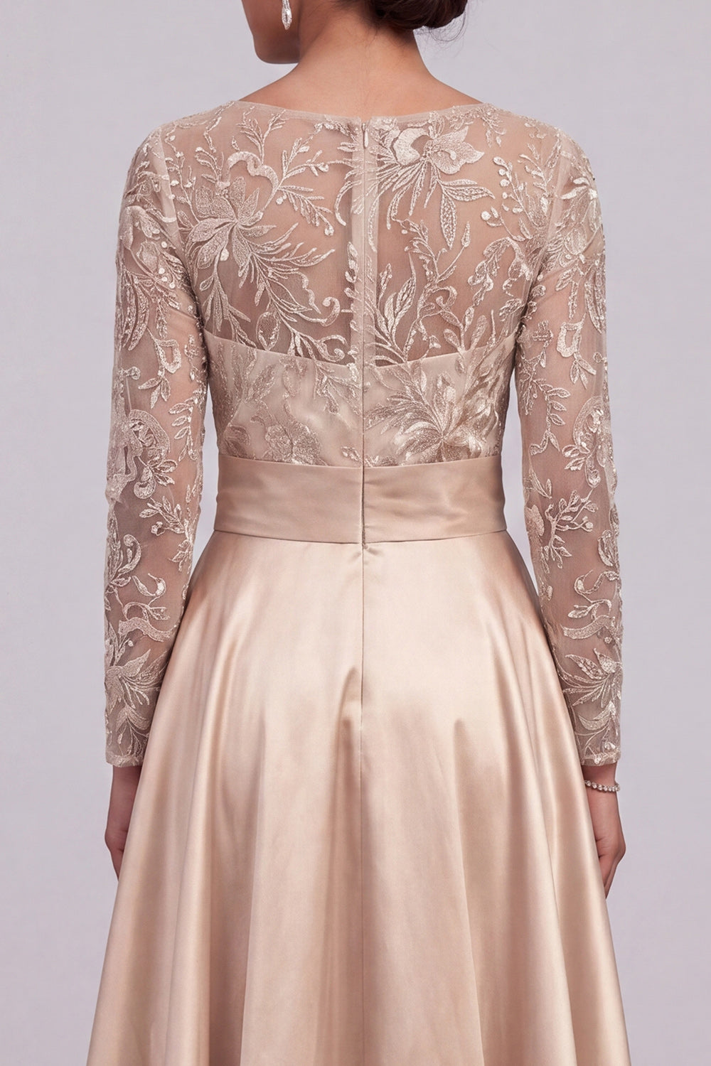Floral Beaded A Sparkly Champagne Line Long Evening Dress with Slit