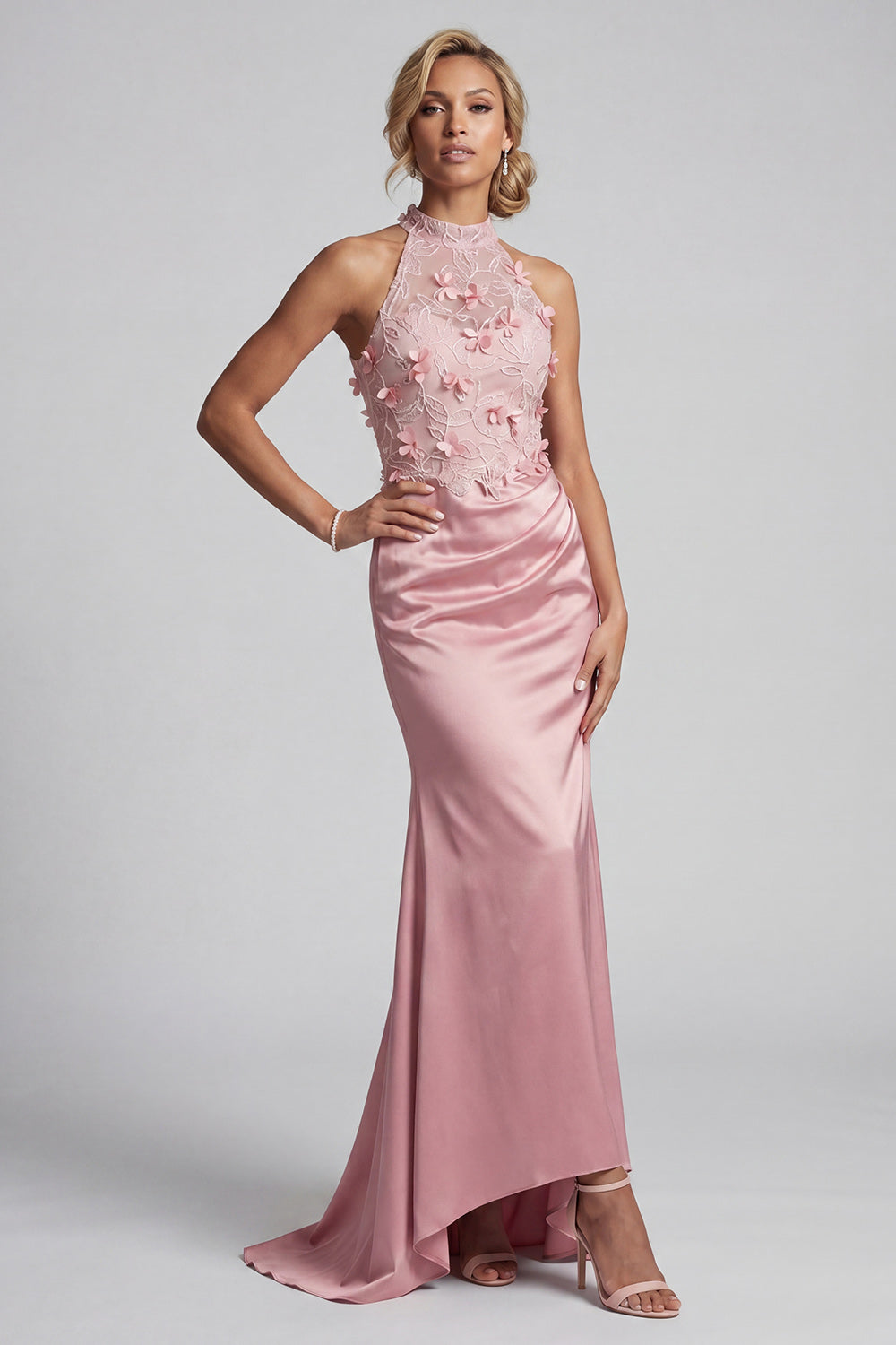 Pink Floral Mermaid Beaded Long Evening Dress