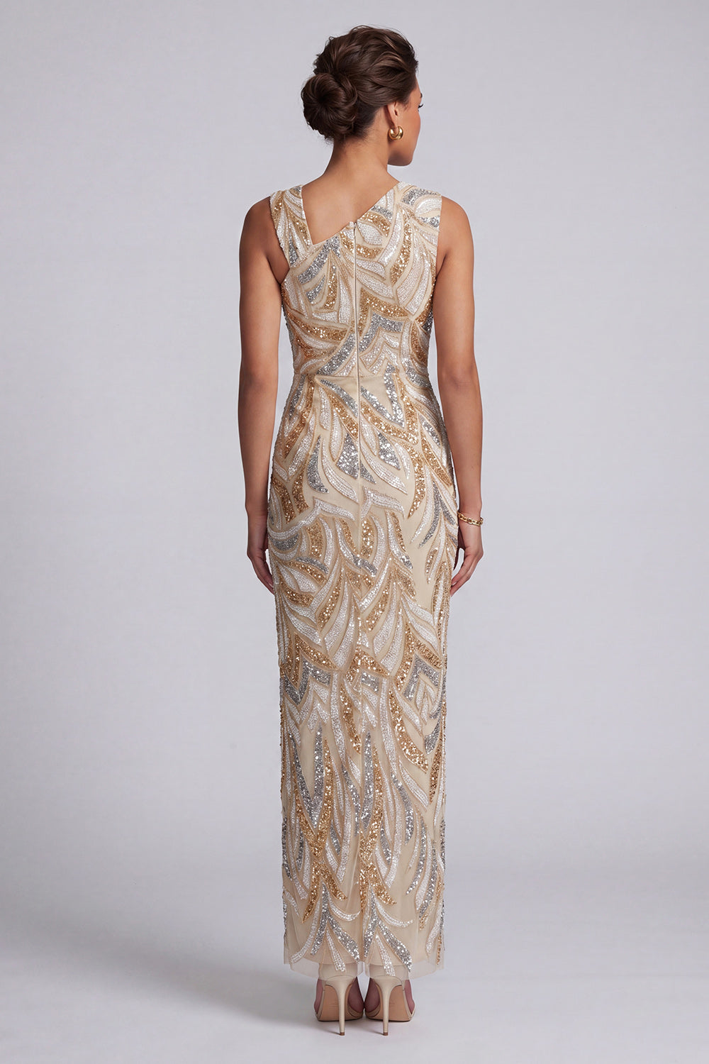 Beaded Sparkly Champagne Asymmetrical Neck Long Evening Dress with Slit