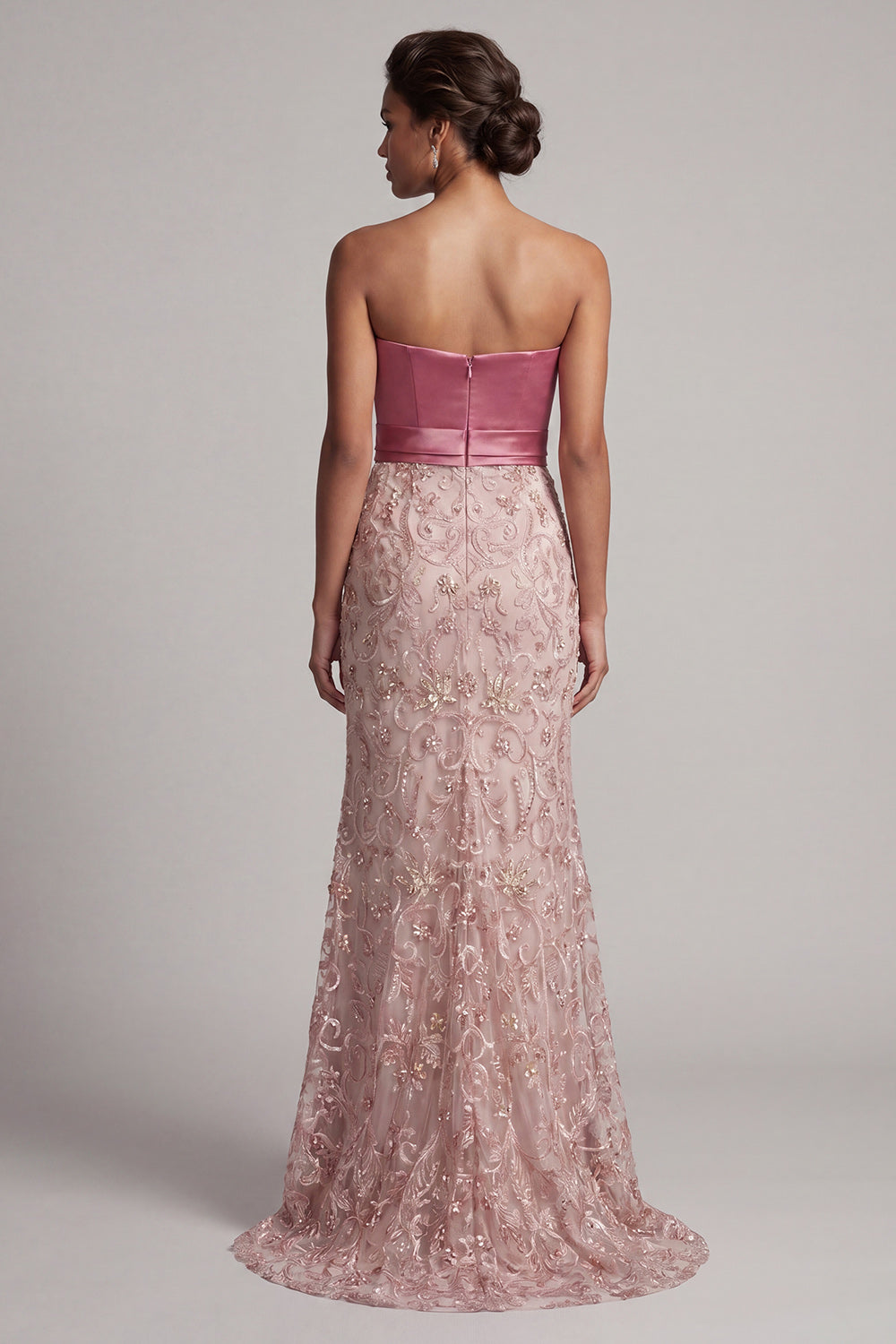 Sparkly Strapless Pink Floral Mermaid Beaded Long Evening Dress