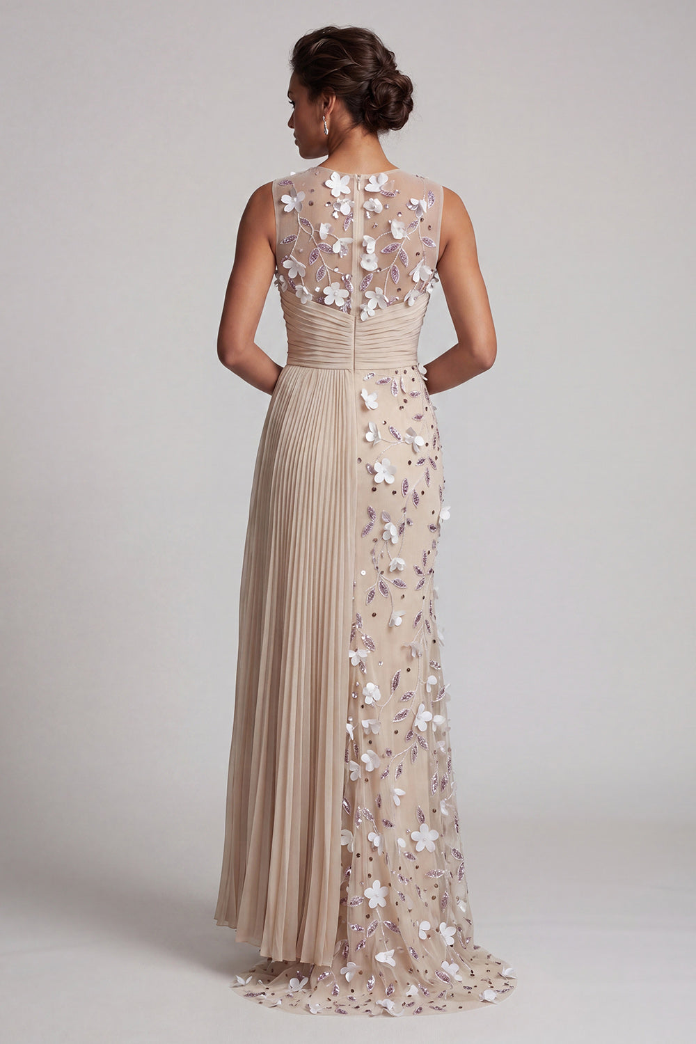 Apricot Floral Pleated Mermaid Long Evening Dress with Pockets