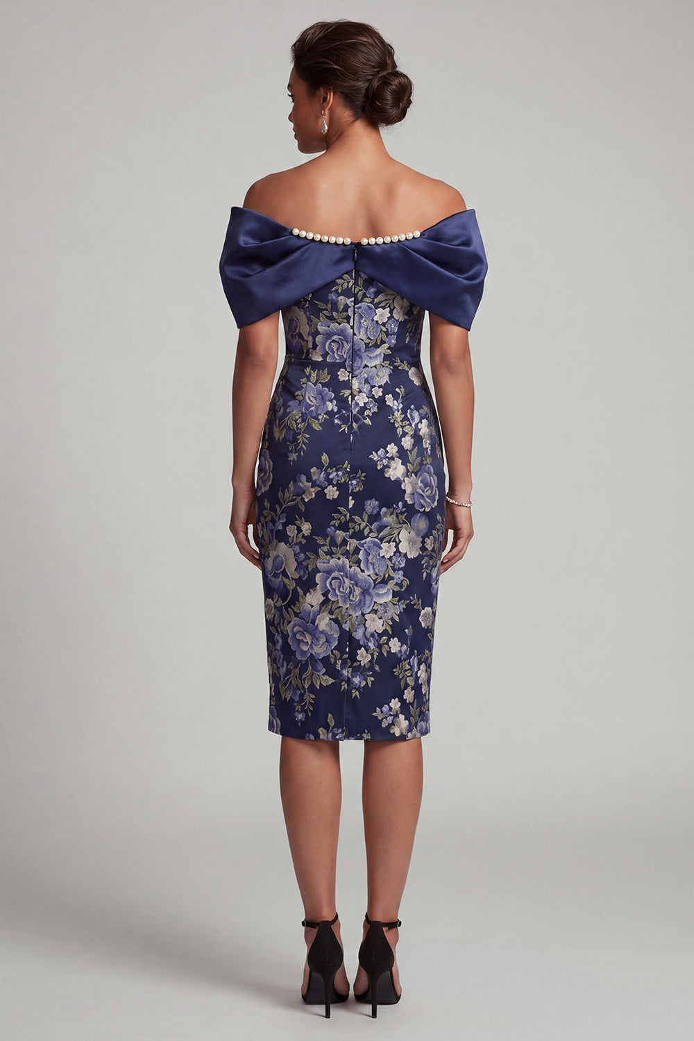 Navy Bodycon Midi Floral Wedding Guest Dress with Pearls
