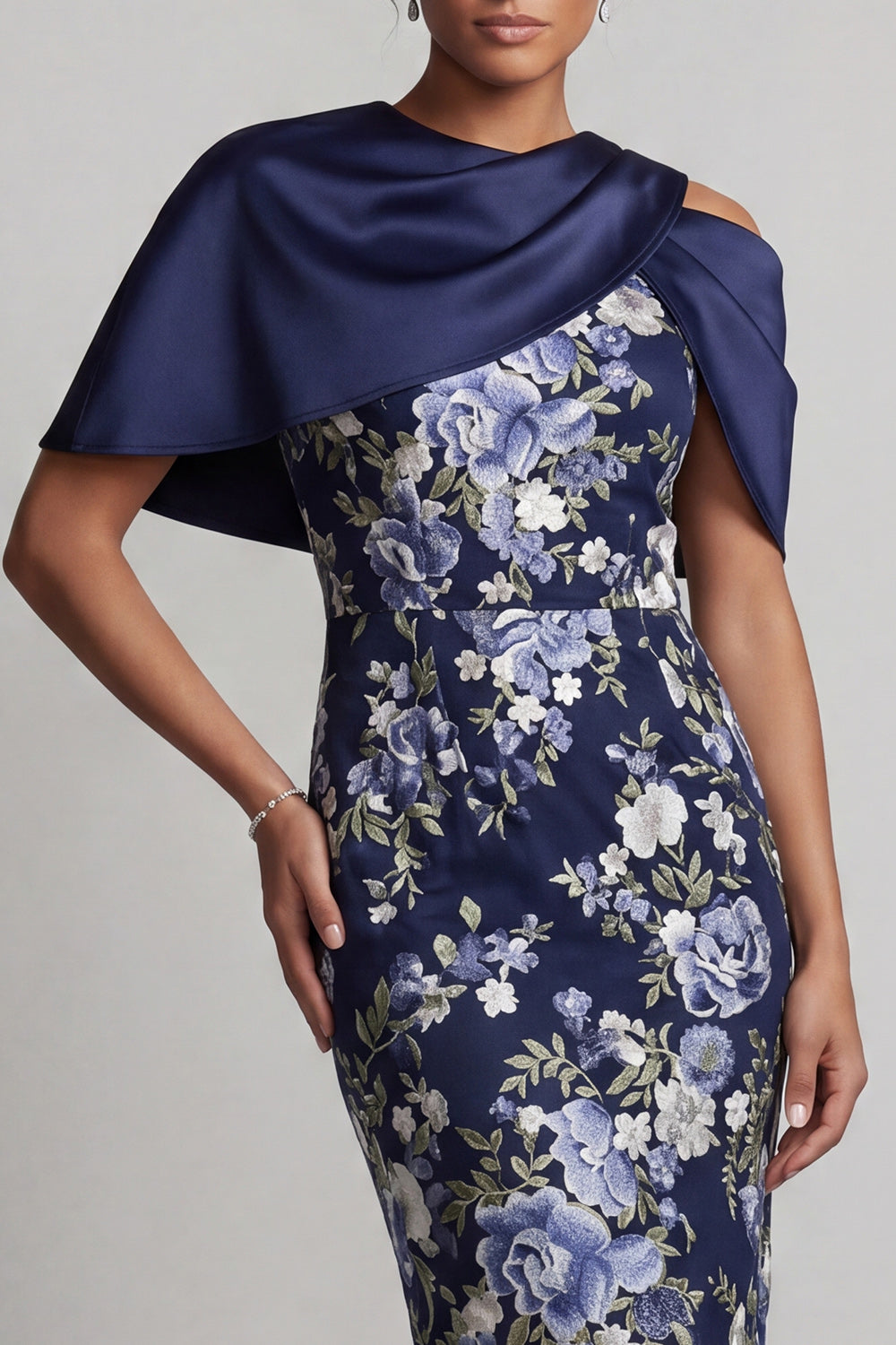 Navy Floral Bodycon Midi Wedding Guest Dress with Cape