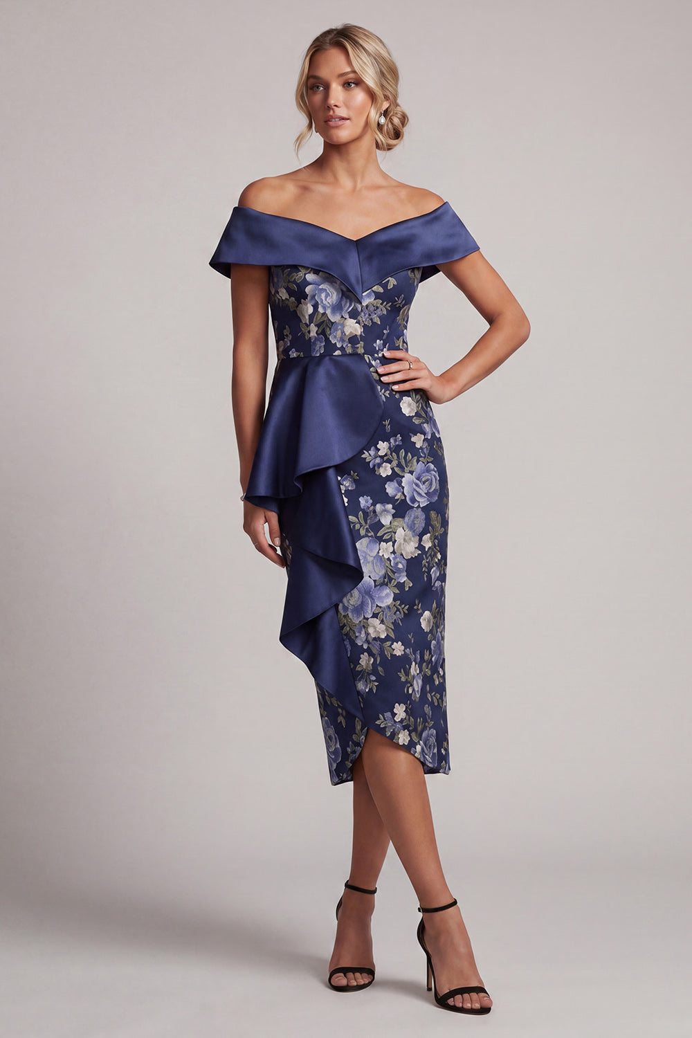 Sheath Navy Ruffled Floral Off the Shoulder Long Wedding Guest Dress