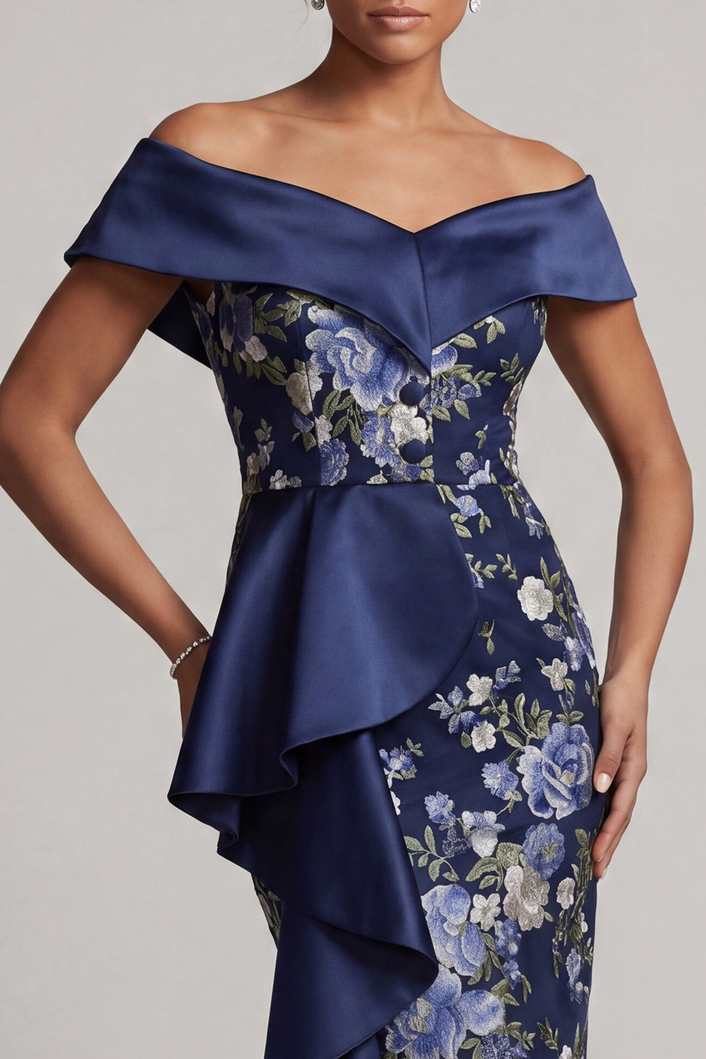 Sheath Navy Ruffled Floral Off the Shoulder Long Wedding Guest Dress
