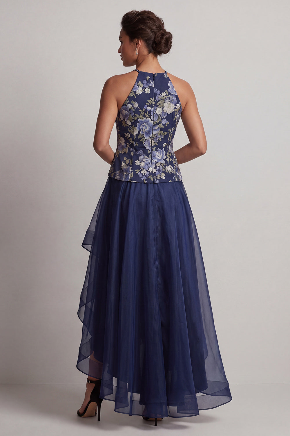 Navy Floral A Line Halter High Low Wedding Guest Dress
