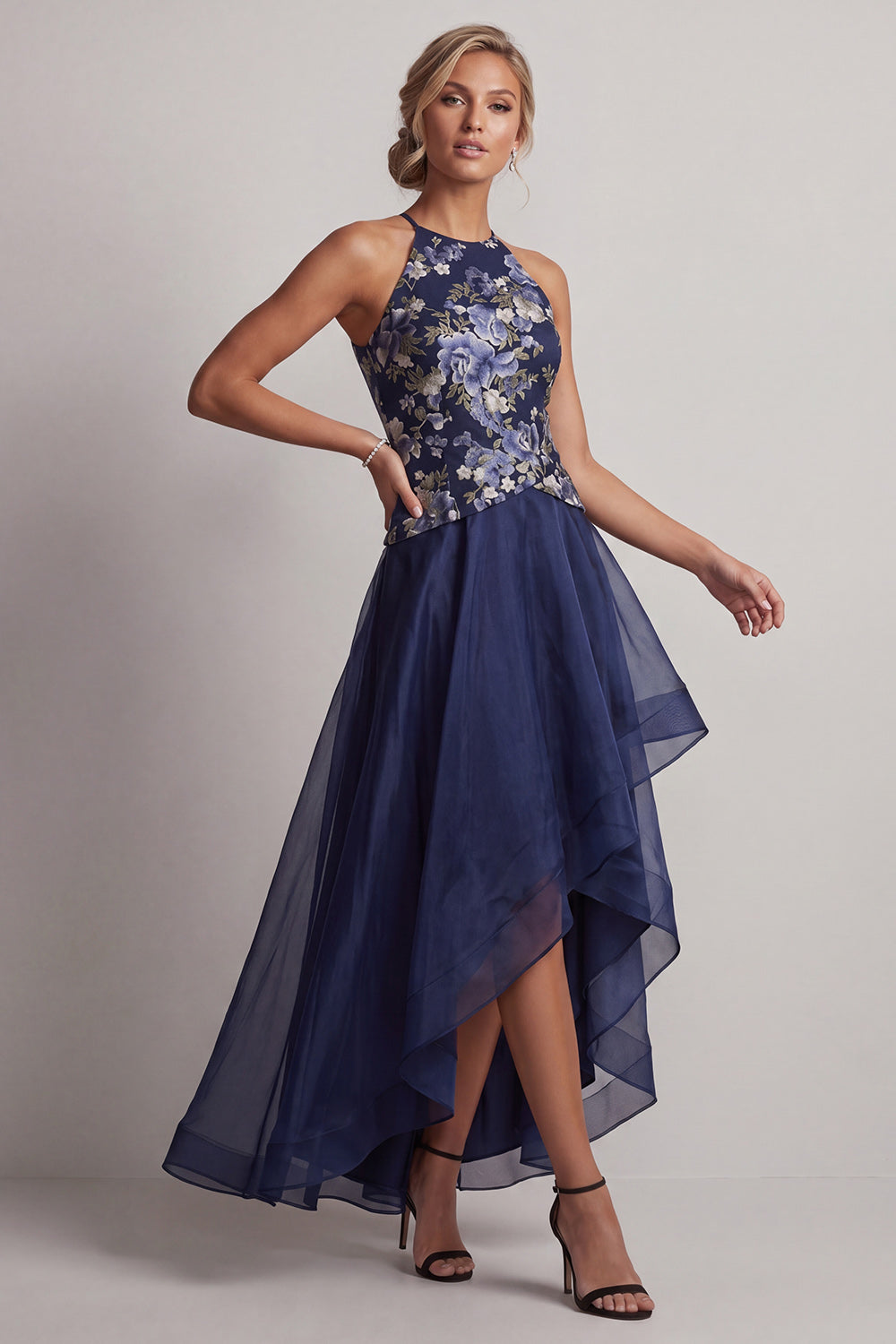Navy Floral A Line Halter High Low Wedding Guest Dress