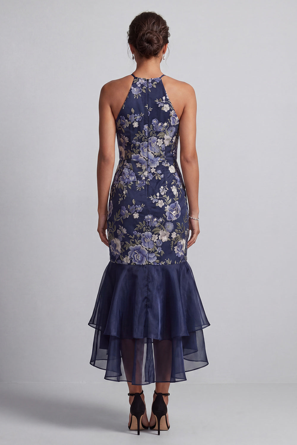Navy Mermaid Halter Floral Ruffled Long Wedding Guest Dress