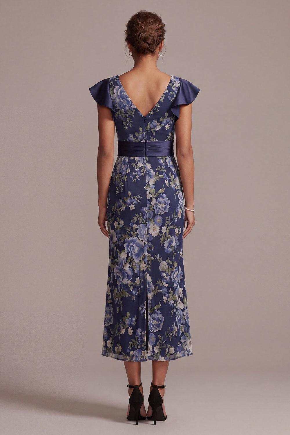 Navy Mermaid Floral V-Neck Ruffled Cap Sleeves Long Wedding Guest Dress with Sash