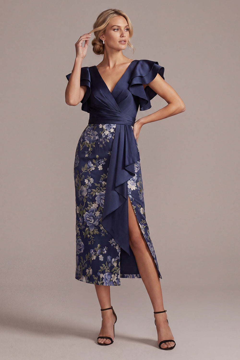 Navy Ruffled Sheath V-Neck Floral Long Wedding Guest Dress with Slit