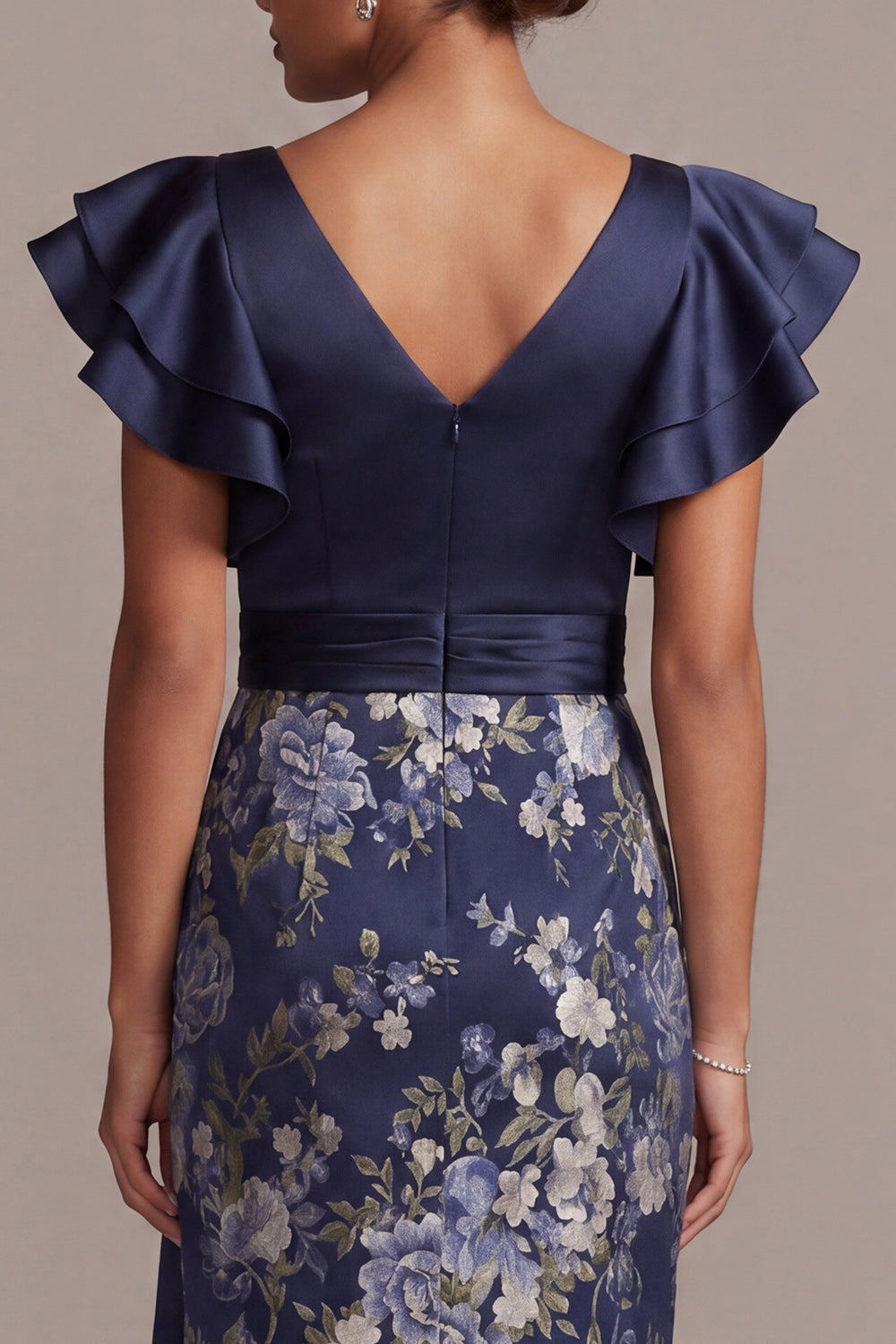 Navy Ruffled Sheath V-Neck Floral Long Wedding Guest Dress with Slit