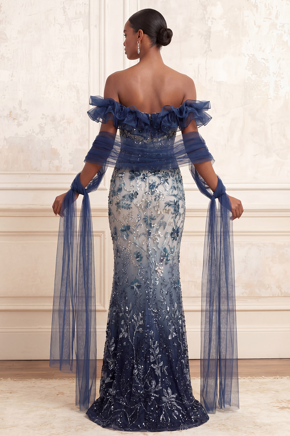 Navy Mermaid Sparkly Off the Shoulder Beaded Long Evening Dress with Ruffles