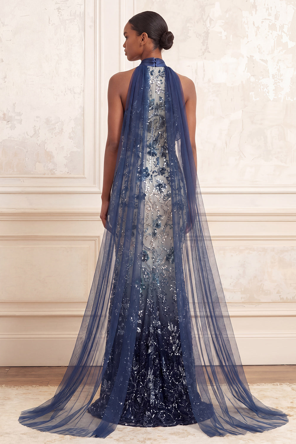 Sparkly Navy Ruffled Halter Mermaid Floral Beaded Long Evening Dress with Cape