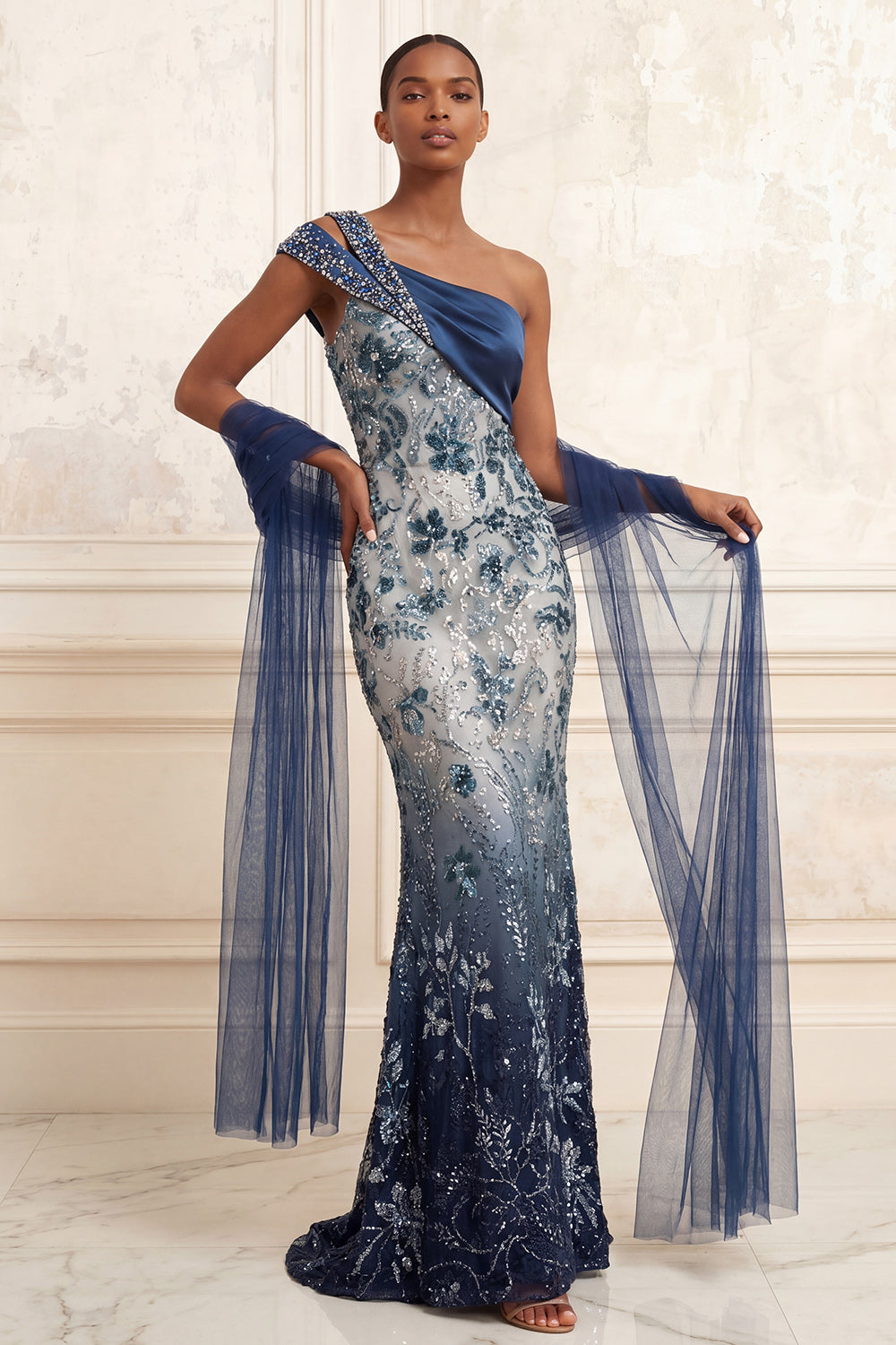 Navy Mermaid Sparkly One Shoulder Ruched Long Beaded Evening Dress
