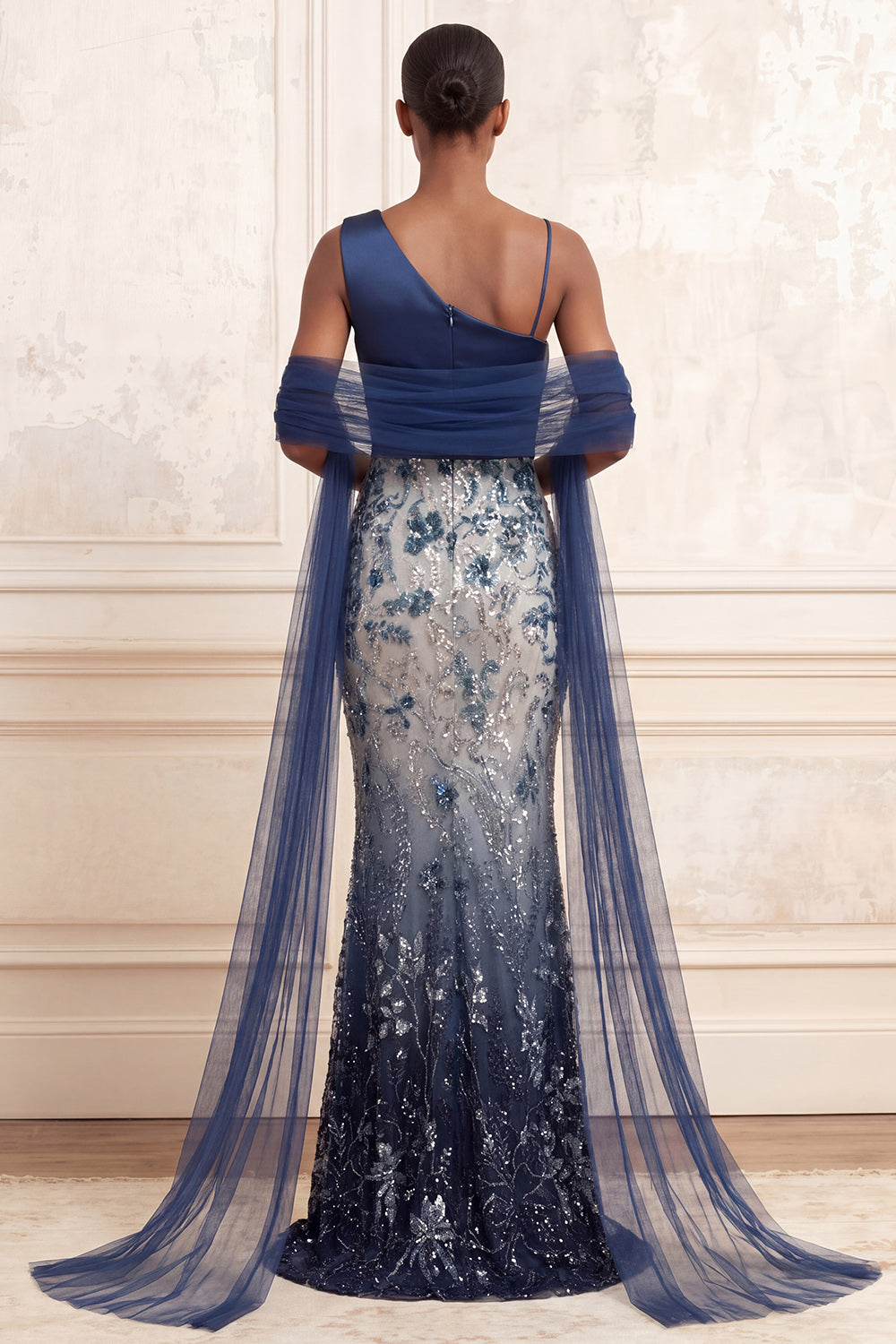 Navy One Shoulder Sparkly Ruched Mermaid Floral Long Evening Dress with Sequins