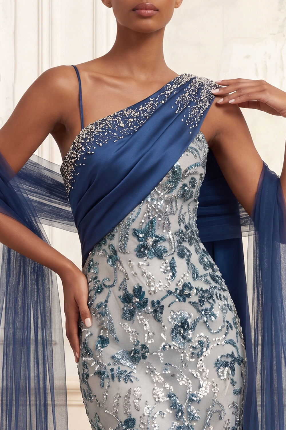 Navy One Shoulder Sparkly Ruched Mermaid Floral Long Evening Dress with Sequins