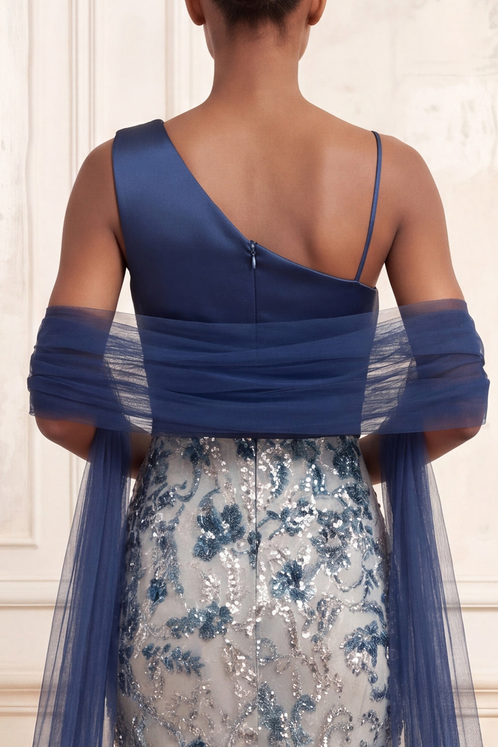 Navy One Shoulder Sparkly Ruched Mermaid Floral Long Evening Dress with Sequins