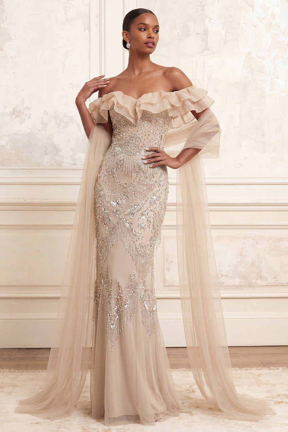 Apricot Mermaid Sparkly Ruffled Beaded Long Evening Dress with Shawl