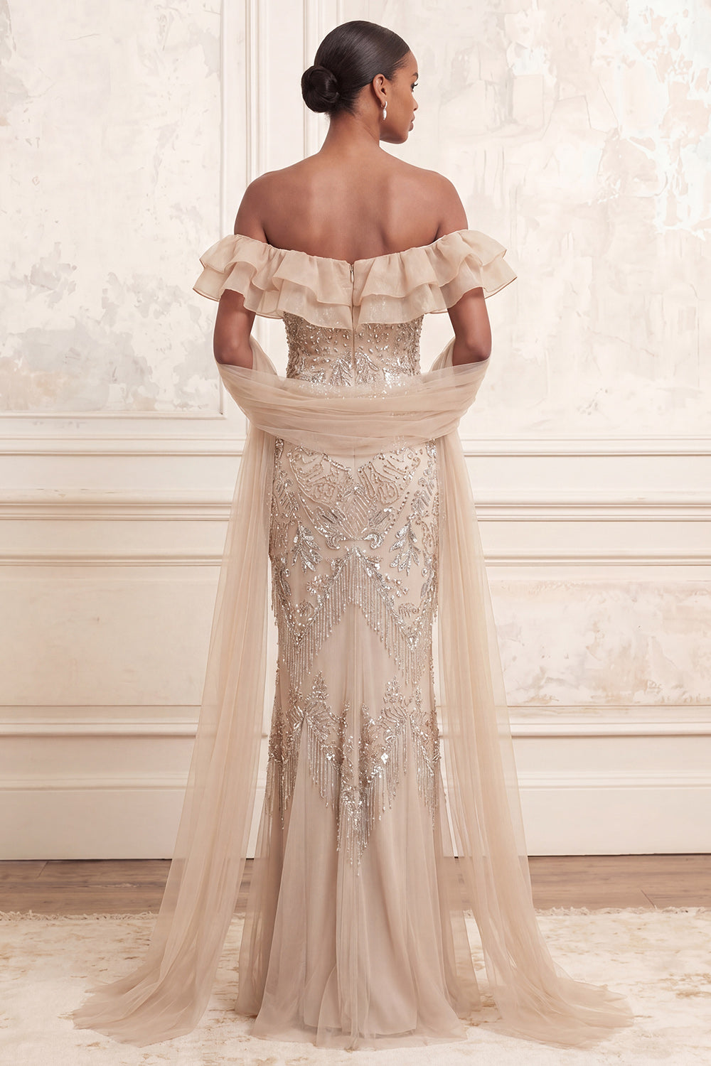 Apricot Mermaid Sparkly Ruffled Beaded Long Evening Dress with Shawl