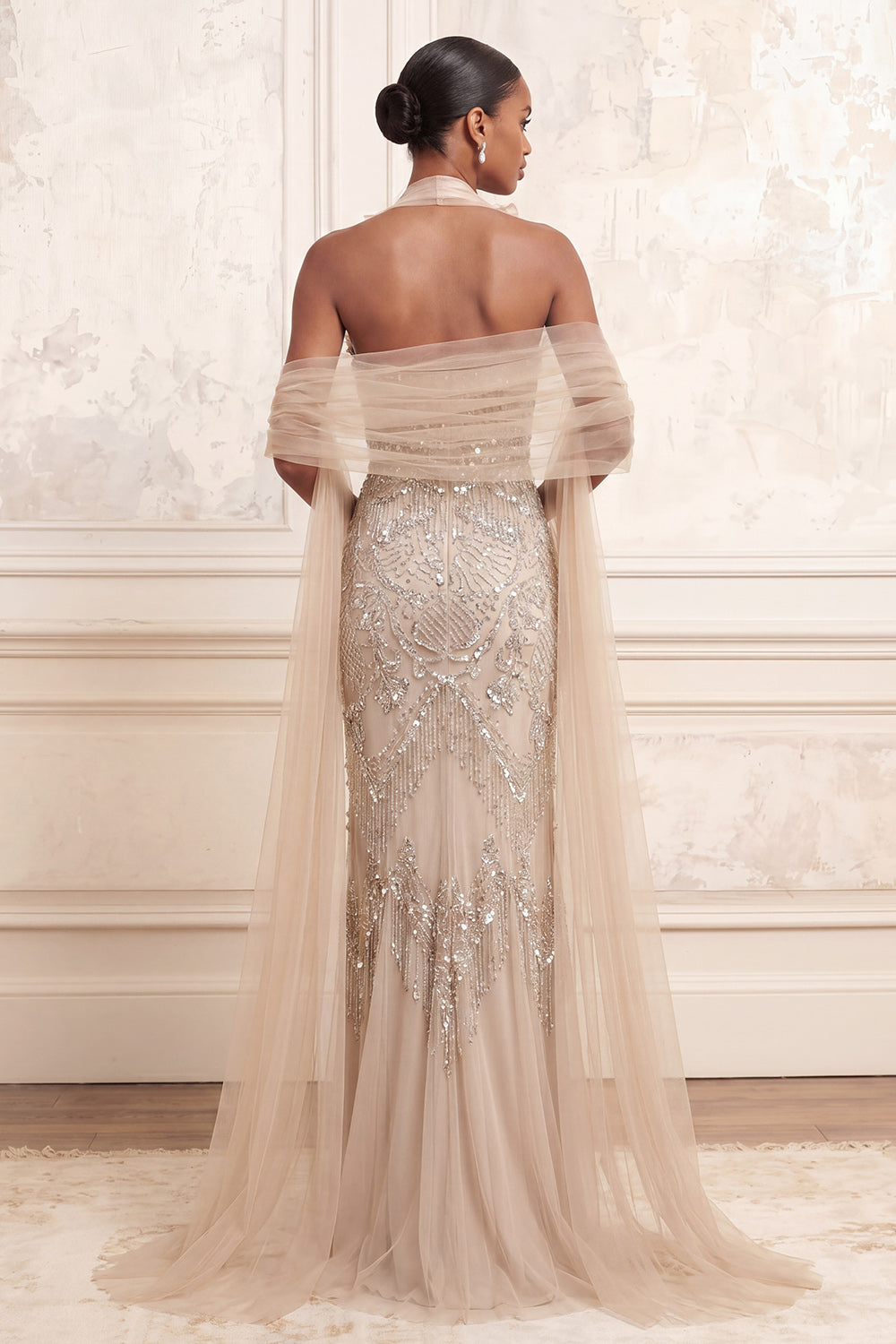 Sparkly Apricot Halter Mermaid Ruffled Long Evening Dress with Shawl