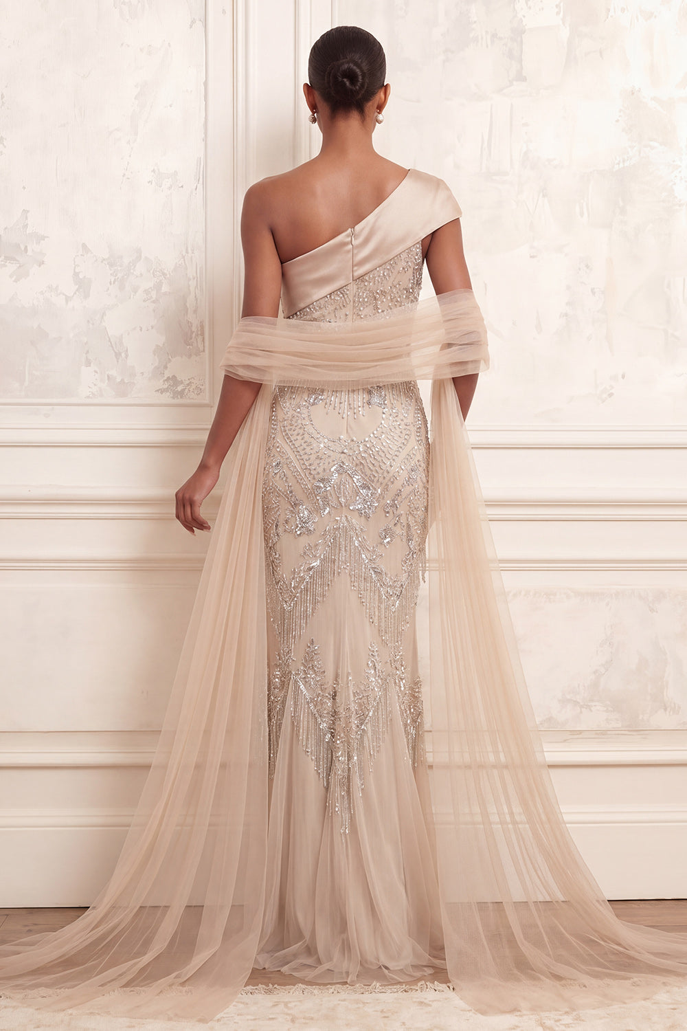 Sparkly Apricot Beaded One Shoulder Mermaid Long Evening Dress with Rhinestones