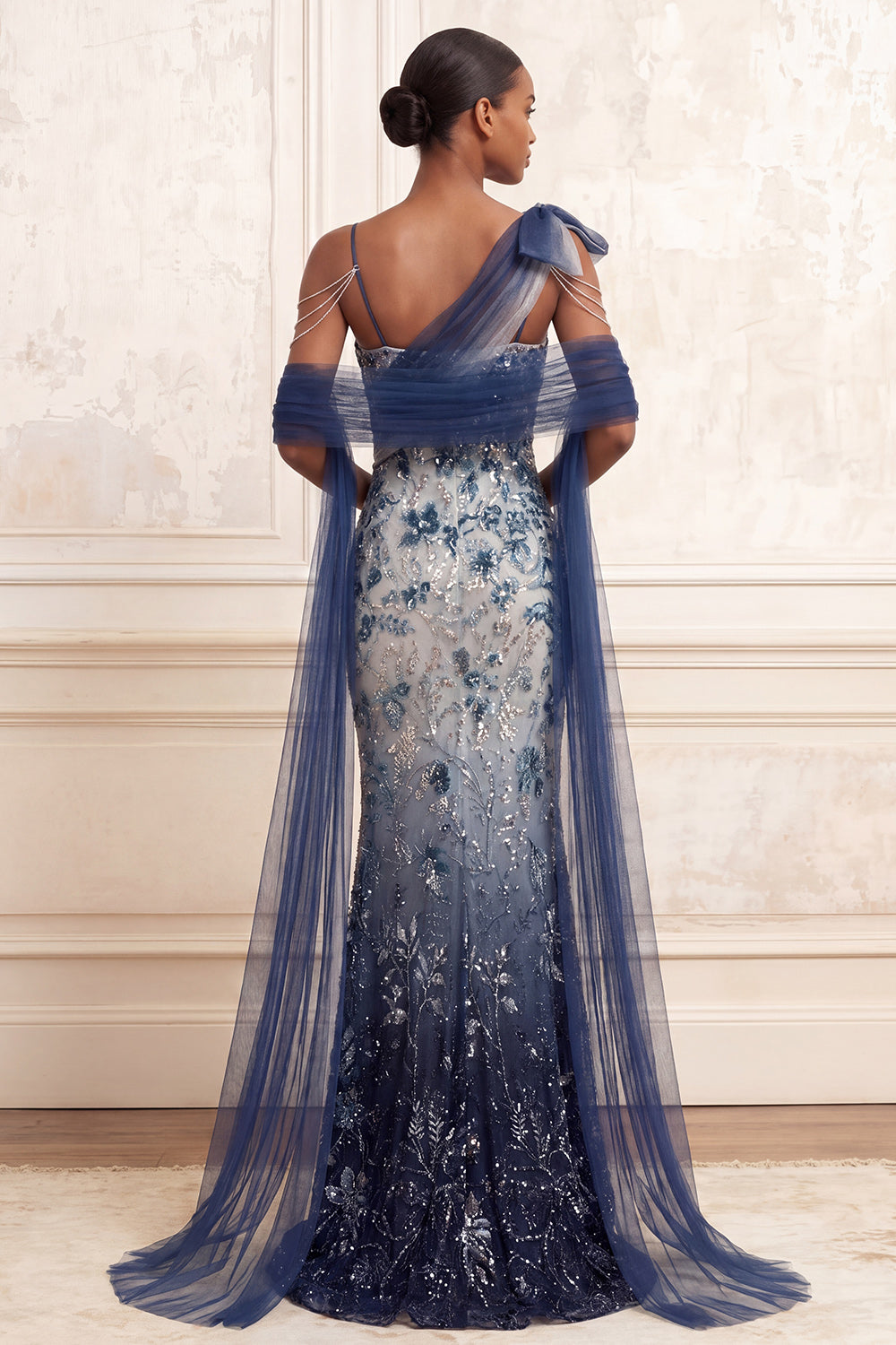Sparkly Navy Beaded Ruched Mermaid Long Evening Dress with Bow