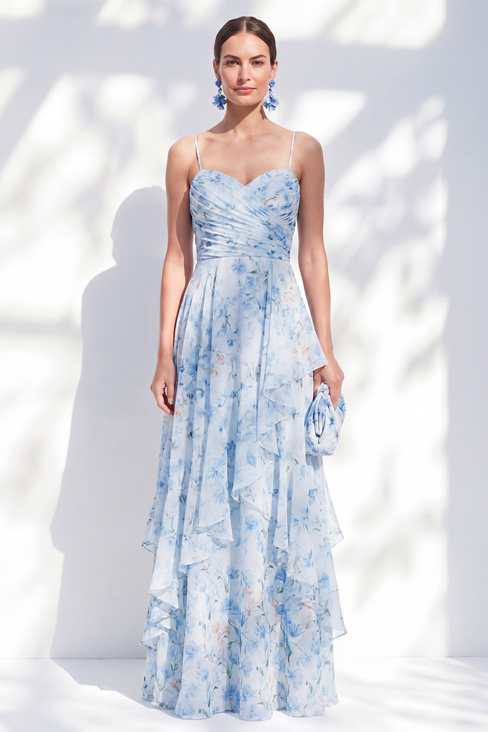 Blue Floral Ruffled A Line Spaghetti Straps Long Wedding Guest Dress