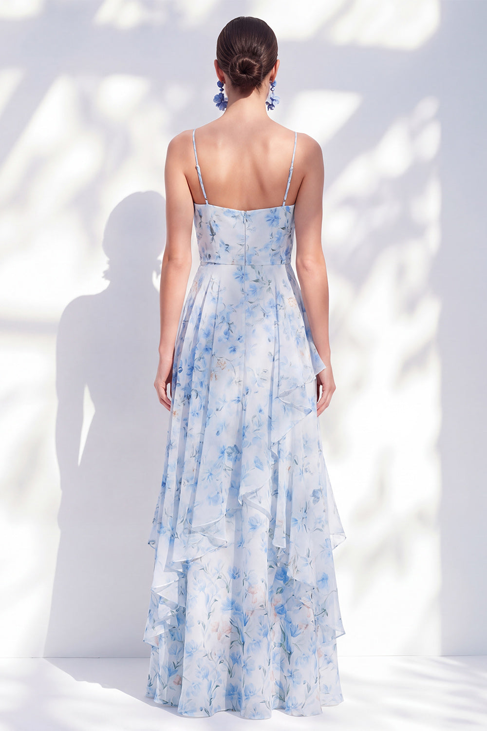 Blue Floral Ruffled A Line Spaghetti Straps Long Wedding Guest Dress