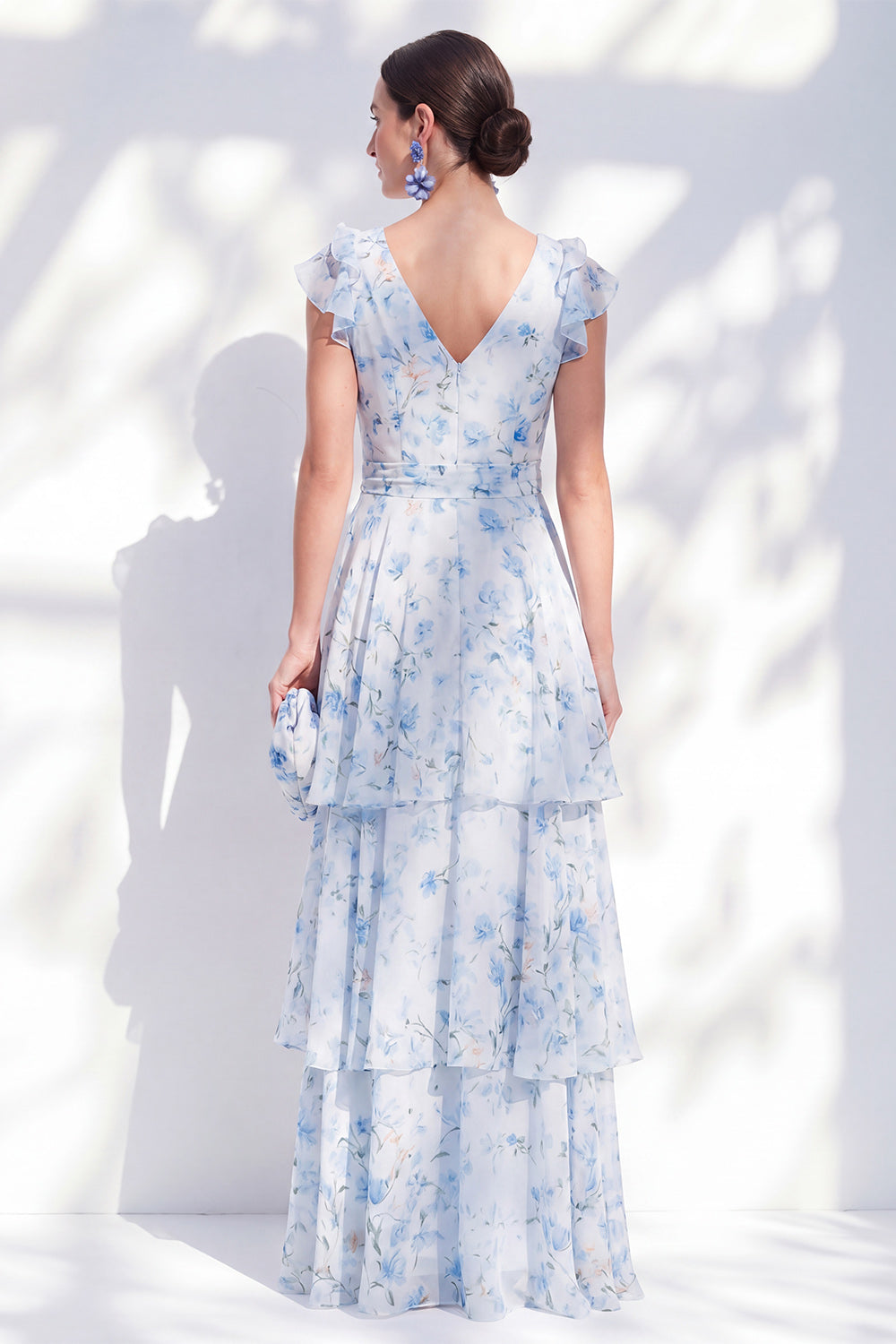 Blue Printed Floral A Line V-Neck Long Wedding Guest Dress with Sash