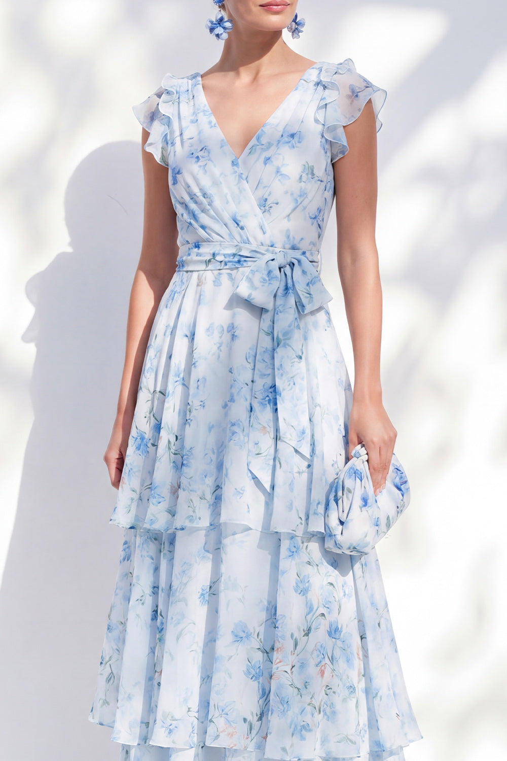 Blue Printed Floral A Line V-Neck Long Wedding Guest Dress with Sash