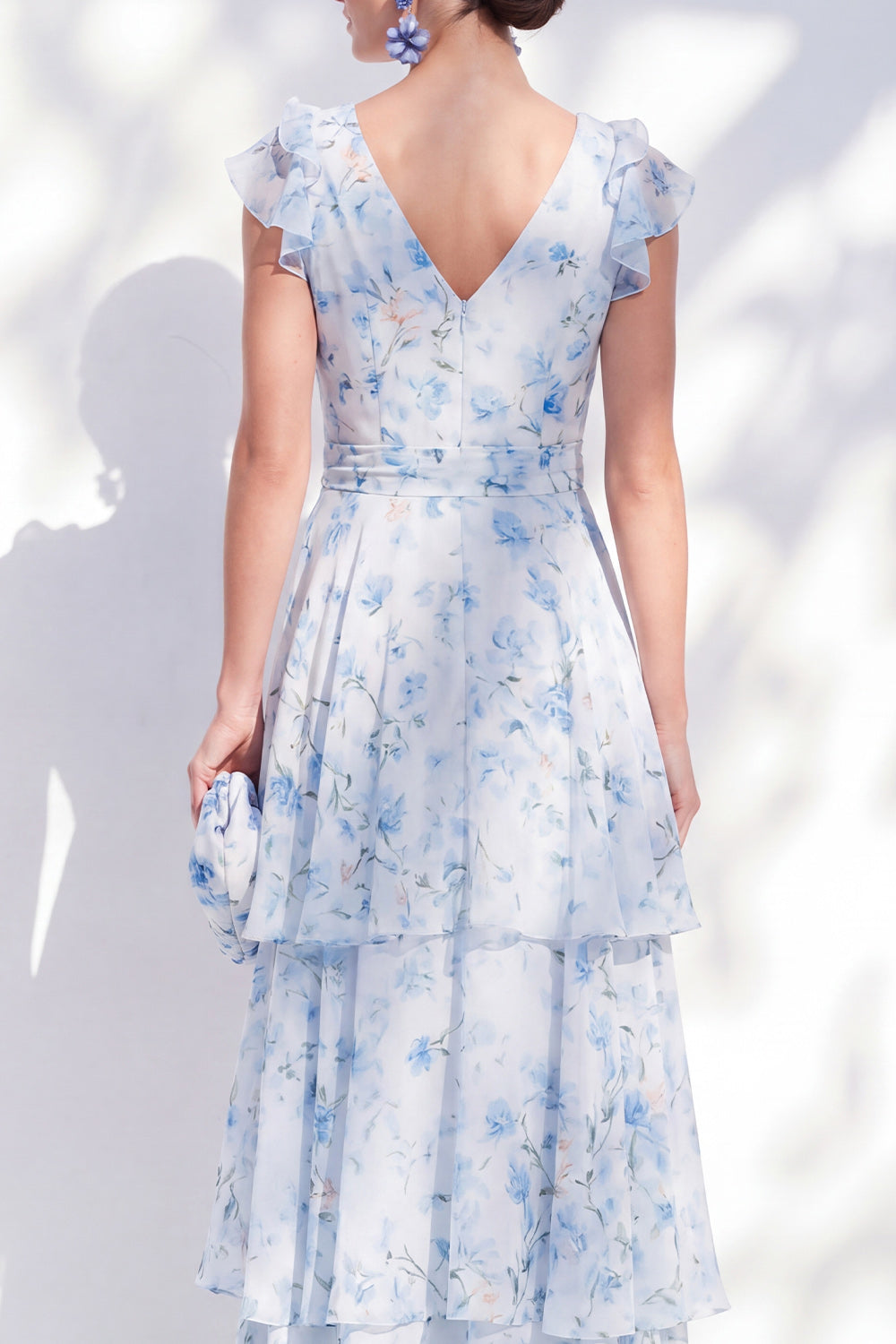 Blue Printed Floral A Line V-Neck Long Wedding Guest Dress with Sash