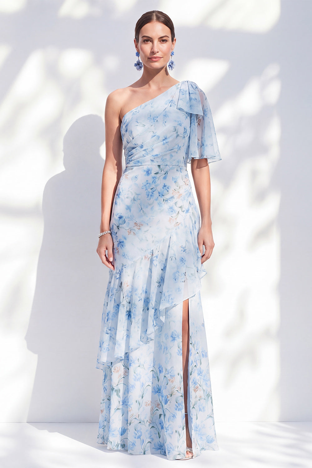 Floral Blue Ruffled Sheath One Shoulder Long Wedding Guest Dress with Slit