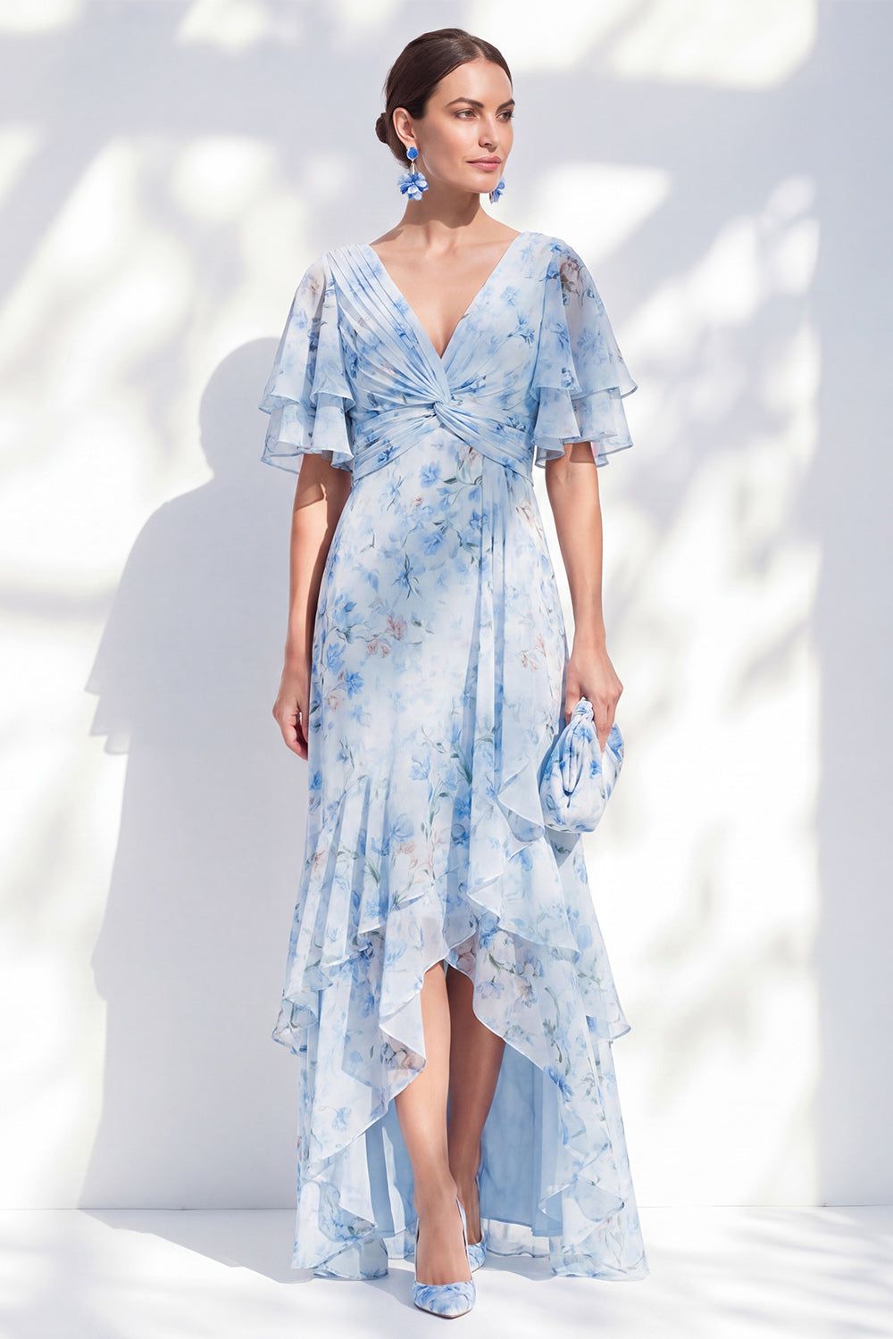 Blue Sheath V-Neck Floral High-Low Wedding Guest Dress with Ruffled Sleeves