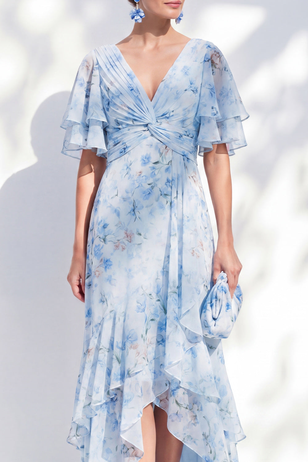Blue Sheath V-Neck Floral High-Low Wedding Guest Dress with Ruffled Sleeves