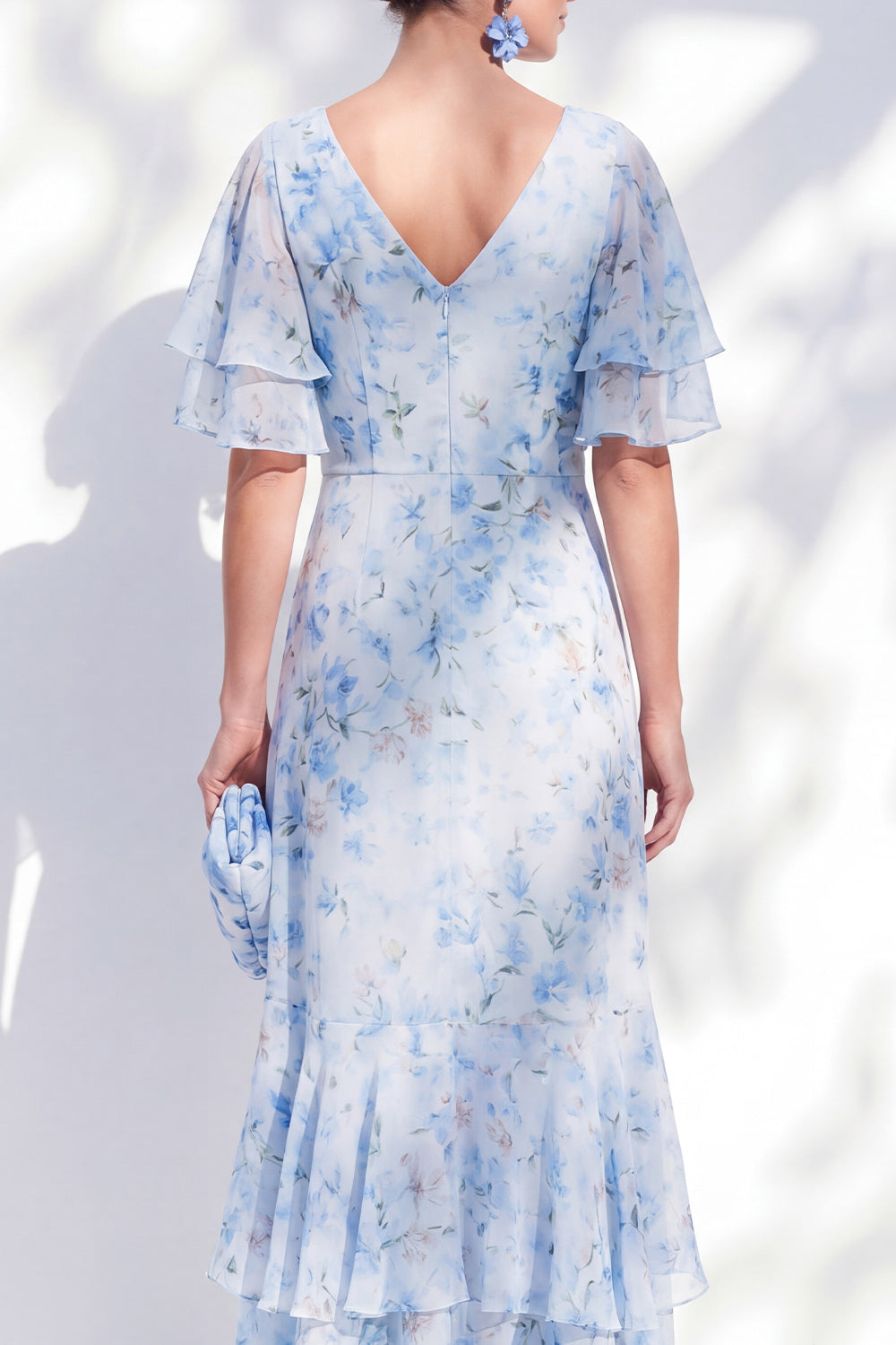 Blue Sheath V-Neck Floral High-Low Wedding Guest Dress with Ruffled Sleeves